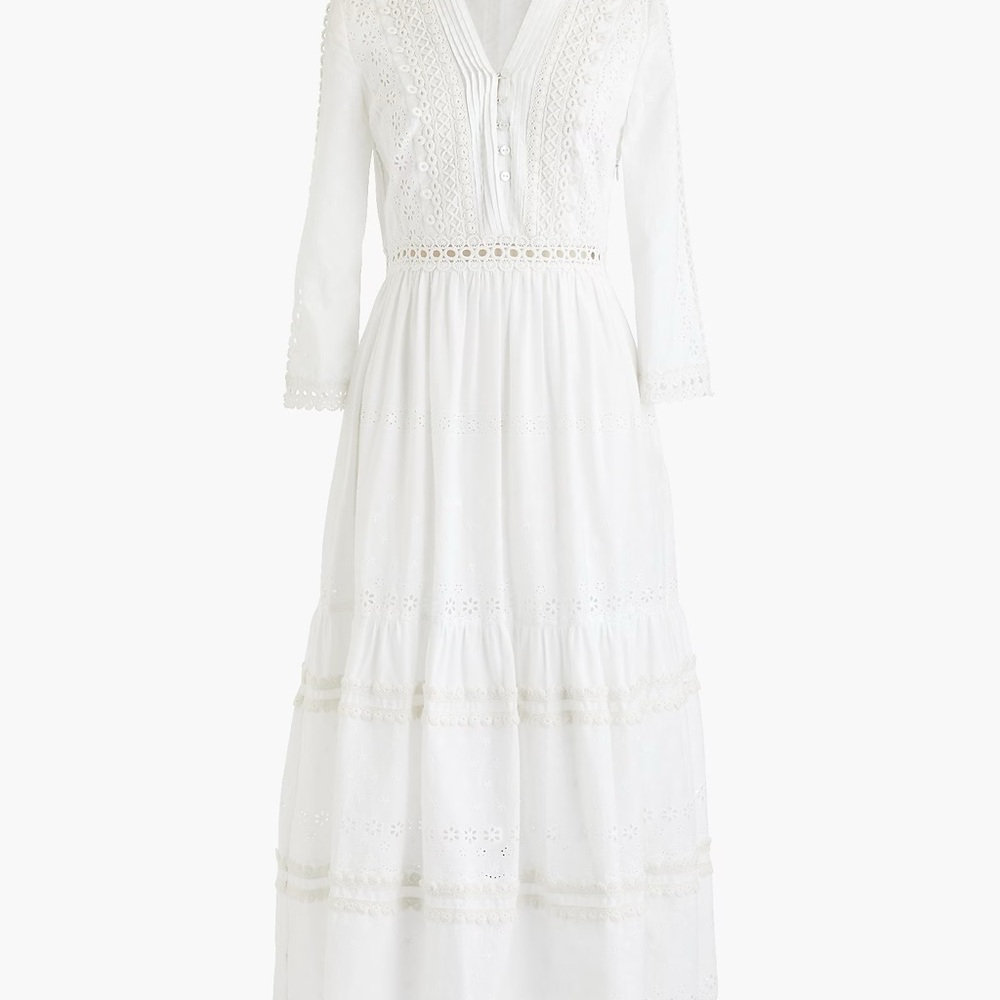 J. Crew midi white tiered eyelet prairie dress with Bishop Sleeves